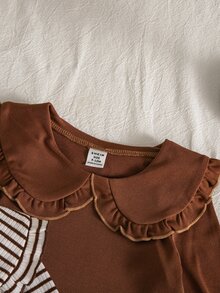 SHEIN Playful Pals 3pcs/Set Baby Girl Sweet Cute Peter Pan Collar Striped Long Sleeve T-Shirt Heart Print Undershirt Coffee Color Top Combination Autumn Inner Wear Simple Daily Outfit - Coffee Brown - View 3
