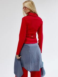 MUSERA Smal denimjacka med krage, knäppning fram, markerad midja, för höst och vinter, coolgirl, back to school, Blancs - Röd - Visa 5