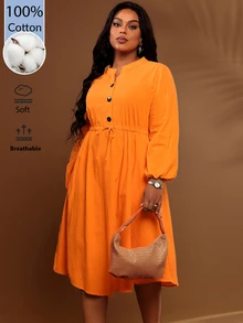 BrightlyHer Plus Size Autumn Casual Solid Color Drawstring Waist Dress - Burnt Orange - View 5