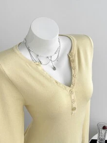 Elamini Women's Autumn Casual Versatile Solid Color Sweater Brunch Pale Yellow - Apricot - View 3
