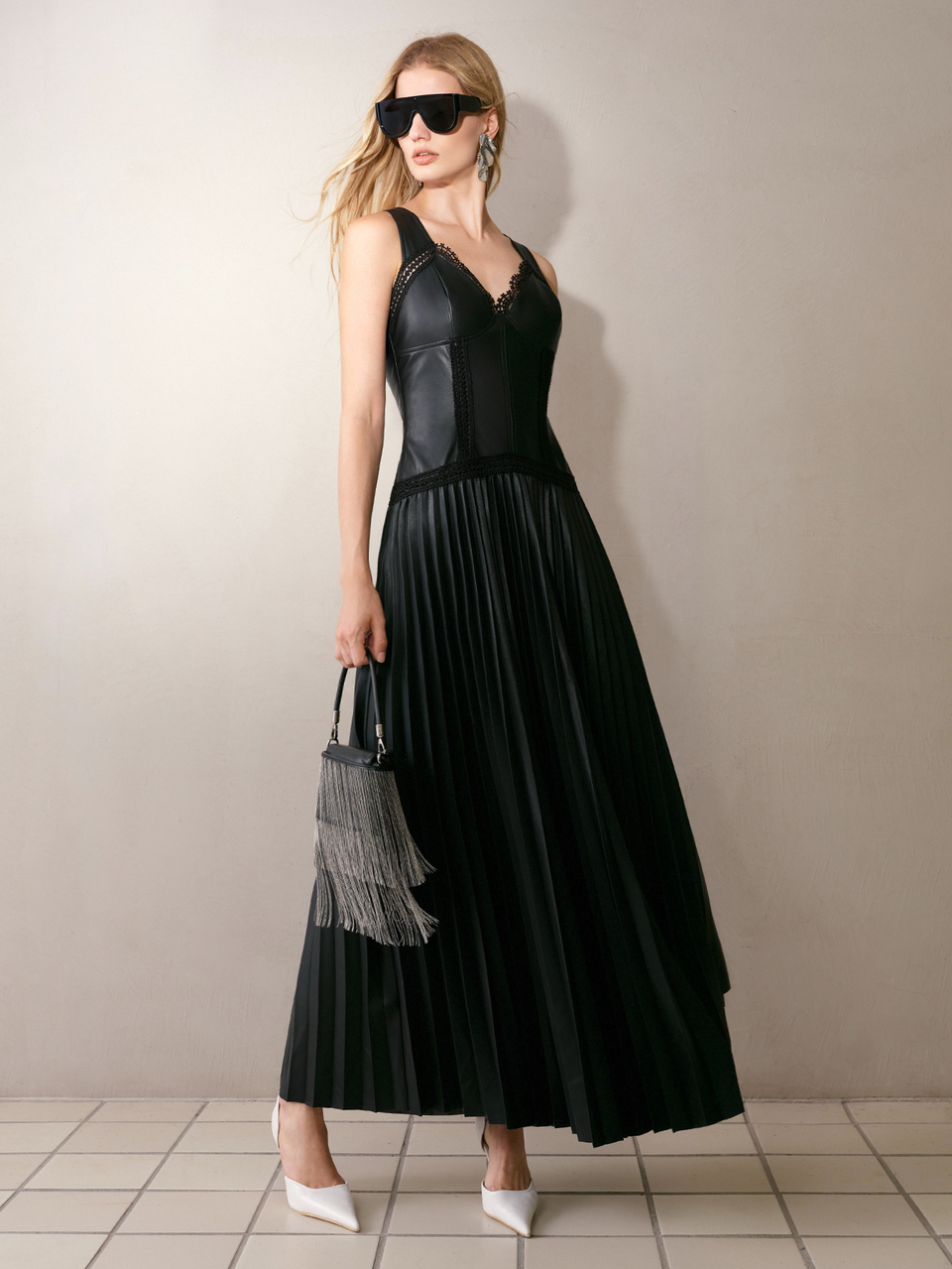 MOTF CONTRAST LACE PLEATED HEM LONG DRESS
