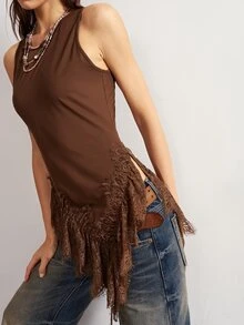 Bohemela Women's Solid Color Lace Patchwork Asymmetric Hem Tank Top - Brown - View 4