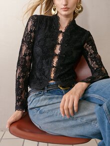 MOTF PREMIUM CHENILLE LACE PATCHWORK FROG BUTTON CROP FITTED TOP - Black - View 1