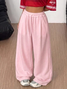 SHEIN 青少年女孩寬鬆休閒極簡舒適中腰拼色抽繩運動長褲，秋冬款 - 粉色 - 查看 1