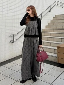 FRIFUL Women's Polka Dot Pattern Contrast Lace Hem Cami Top And Long Pants Casual 2 Pieces Set - Grey - View 8