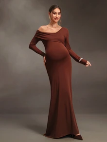 SHEIN Maternity Coffee Brown Cinched Waist Pleated One Shoulder Long Sleeve Slit Dress - Coffee Brown - View 6