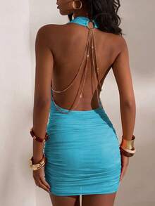 SHEIN Women's Sexy Chain Decor Backless Draped Neck Mini Dress For Vacation And Beach - Mint Blue - View 6