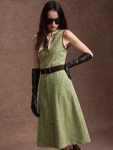 Zovinel Lyocell Wool Fabric Women's Round Neck Button Design Elegant Sleeveless Midi Dress,Back To School, Casual Work,Elegant Fall Summer/Autumn/Winter - Green - View 7