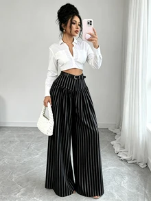 Elenzga 法式風垂墜寬腿條紋修身長褲，優雅通勤休閒女款長褲 - 黑色 - 查看 7