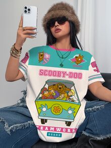 SCOOBY-DOO X SHEIN 大尺碼可愛卡通圖案印花圓領短袖T恤 - 白色 - 查看 5