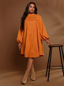 BrightlyHer Plus Size Simple Vacation Long Sleeve Dress For Weekend Outings - Orange - View 6