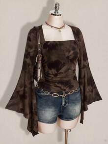 SHEIN ICON Plus Size Women's Casual Romantic Floral Print Bell Sleeve Top - Multicolor - View 4