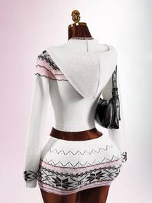 Amplova Women's Fair Isle Style Zip-Up Drawstring Hooded Knit Cardigan - White - View 11