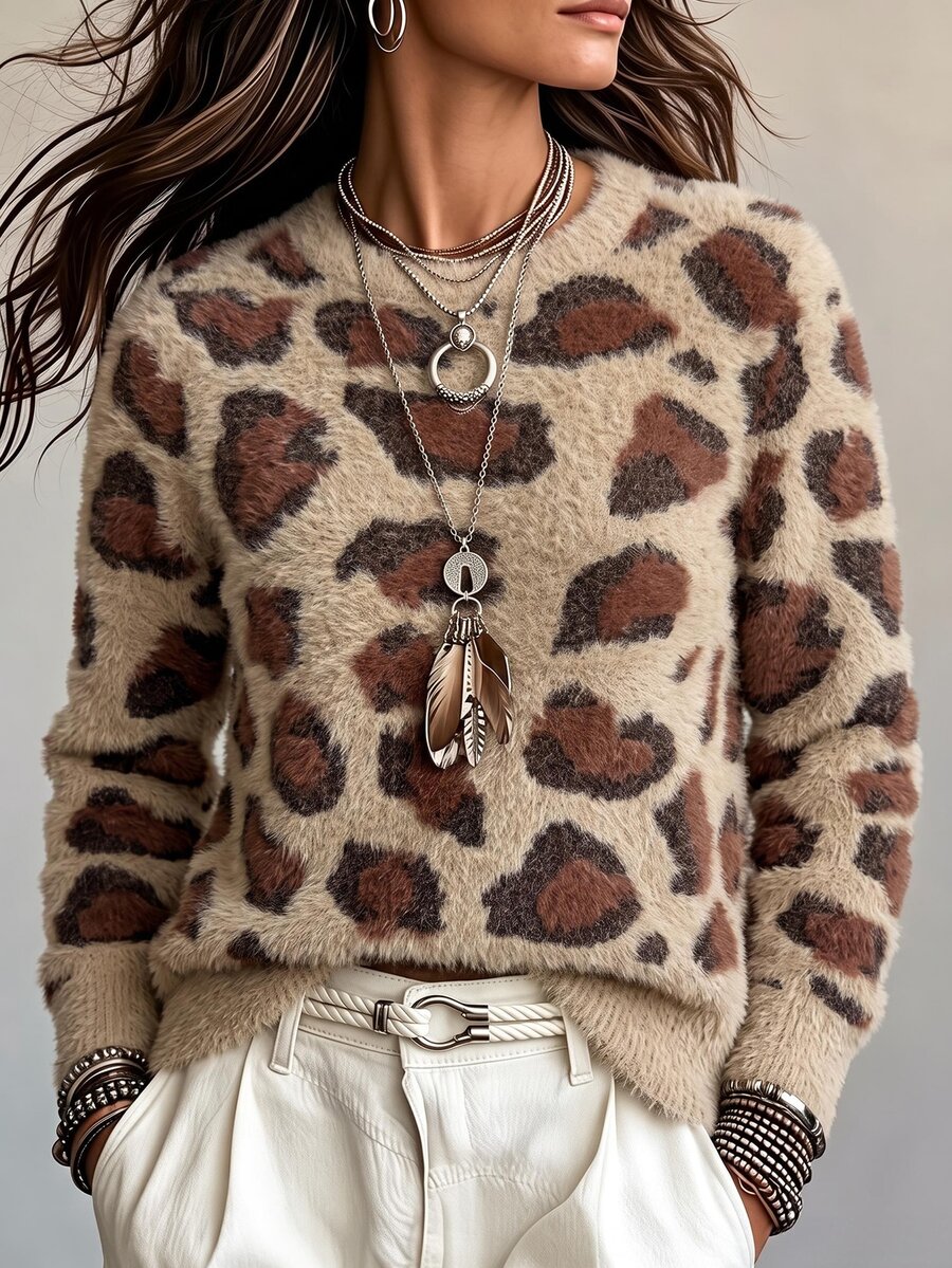 SHEIN Women's Fashion Street Leopard Print Long Sleeve Sweater - Multicolor - View 1
