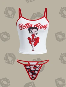 Betty Boop x SHEIN Women's Letter Print Camisole Lingerie Set - Red and White - View 1