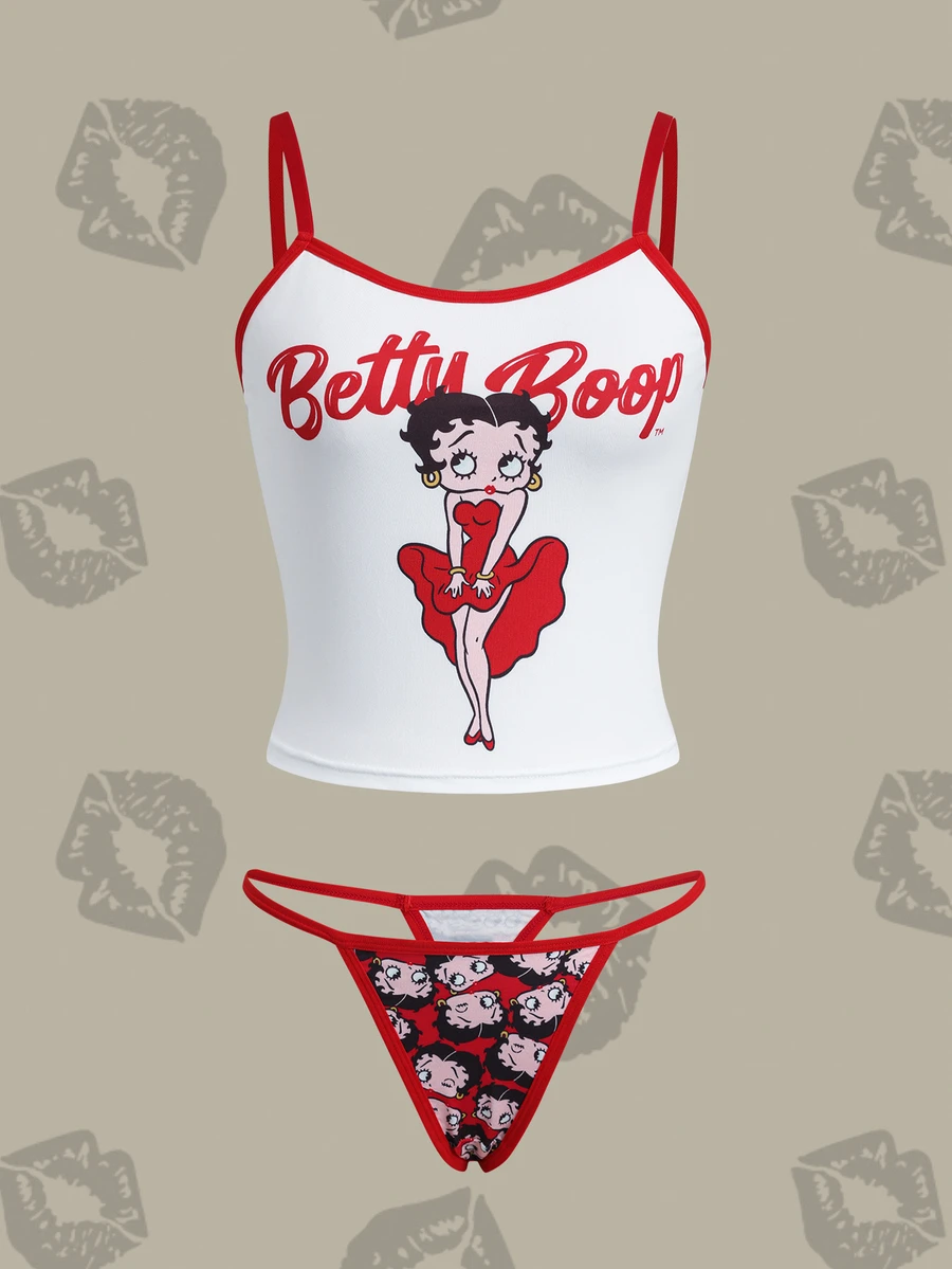 Betty Boop x SHEIN Women's Letter Print Camisole Lingerie Set - Red and White - View 1