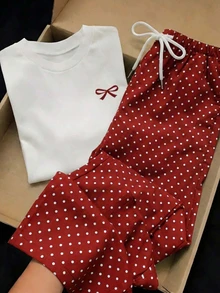 SHEIN EZwear 2件組刺繡圓領短袖上衣與條紋印花長褲，休閒風 - 紅色 - 查看 1