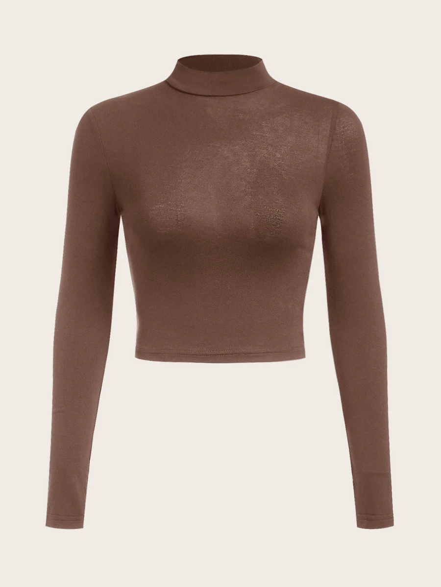 SHEIN BASICS 女款咖啡棕色素色修身短版半高領上衣,秋季日常基礎極簡風 - 咖啡棕 - 查看 1