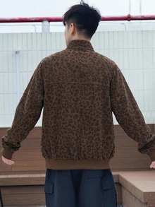 DAZY 男士豹紋拉鍊立領半開襟長袖套頭運動衫，彈性袖口與下擺，春/秋季 - 棕色 - 查看 2