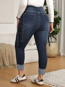 EMERY ROSE Plus Size Casual Washed Slim Fit Cargo Jeans,High-Waisted Cargo Jeans,Rolled Cuff Hem,Cropped Ankle Length,Everyday Casual,Halloween,Christmas - Blue - View 2