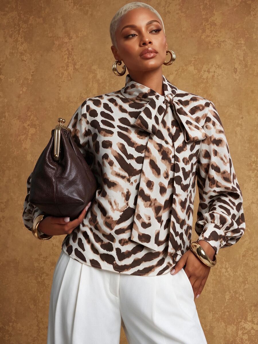 SHEIN Lunessa Women's Vintage Asymmetrical Leopard Print Bow Collar Petal Sleeve Blouse - Khaki - View 1