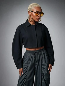 SHEIN Lunessa Mantel Pendek Hitam Wanita - Hitam - View 5