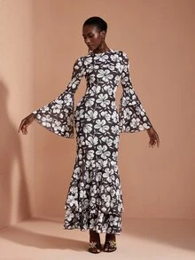 JIAN LASALA Gaun Panjang Berenda Jala Lengan Panjang dengan Hem Dua Lapis, Gaun Pesta Liburan Elegan - Hitam dan Putih - View 4