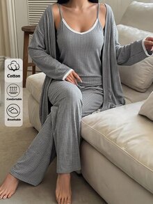 SHEIN Cottnline طقم ملابس منزلية 3 قطع من قميص كامي محبوك مضلع بلون سادة مع حافة دانتيل، روب مفتوح من الأمام وبنطال واسع الساق، ملابس نوم كاجوال ناعمة الملمس - رمادي - مشاهدة 3