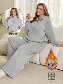 EMERY ROSE 2 st plus size damset för hösten med grå sportig casual zip-up sweatshirt och byxor med fickor, 2 delar, höst/vinter, vinterset, loungewear, varmt - Grå - Visa 1