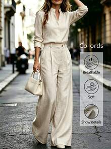 Trelyra Women's Solid Color Notch V-Neck Long Sleeve Shirt And Pants Casual 2 Pieces Set - Khaki - View 1