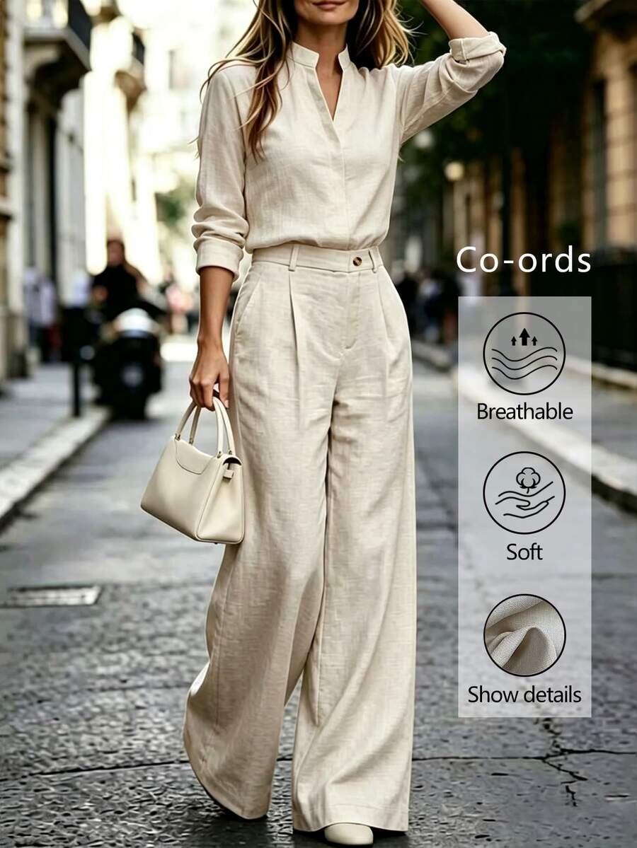 Trelyra Women's Solid Color Notch V-Neck Long Sleeve Shirt And Pants Casual 2 Pieces Set - Khaki - View 1
