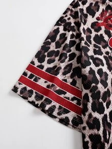 Betty Boop x SHEIN Plus Size Women's Leopard Print V-Neck Short Sleeve Casual T-Shirt - Brown - View 7