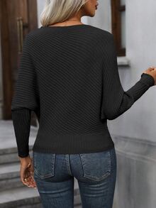 SHEIN Elegant Diagonal Ribbed Knit Pullover Sweater - Black - View 2