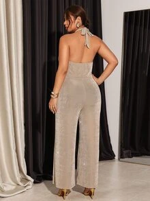 Firerie Plus Size Metal Decor Tassel Halter Neck Tie Jumpsuit - Khaki - View 2
