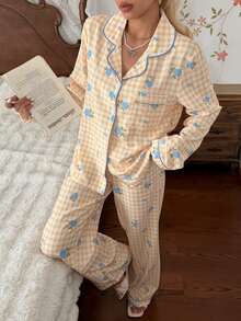 CottageSlumber Fresh Plaid Blue Ditsy Floral Lapel Button-Up Pajama Set - Yellow - View 2