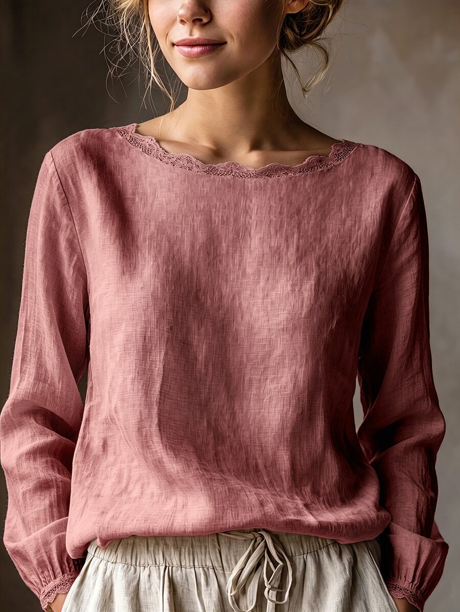 SHEIN 女款休閒優雅淺米色圓領蕾絲飾邊極簡通勤百搭日常襯衫 - 西瓜粉 - 查看 1