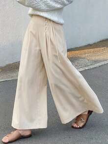 DAZY Women's Streetwear Button Pleated Loose Wide Leg Long Pants - White - View 9