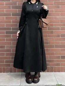 FRIFUL Women's Autumn Long Dress With Waist Drawstring Tie - Black - View 6