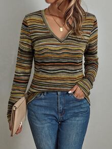EMERY ROSE Women's Striped V-Neck Slim Fit Versatile Daily Casual Long Sleeve T-Shirt - Brown - View 3