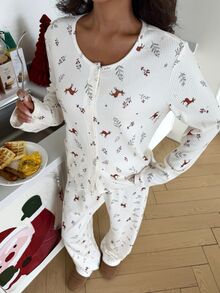 ZzzCrew Christmas Cute Reindeer Print Fleece Comfortable Open Front Long Sleeve Pajama Set - Apricot - View 4
