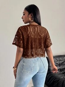 SHEIN PETITE CURVE 大尺碼女款復古性感透視蕾絲上衣 - 棕色 - 查看 2