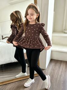 Elladie kids 2件組女童愛心印花荷葉邊長袖T恤與內搭褲，春秋款 - 棕色 - 查看 1