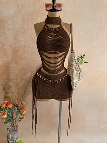 Soleia Vacation Boho Sexy Beach Outfit Women's Clothing St. Patrick's Day Spring Break Easter Music Festival Dark Brown Sweater Two Pieces Set Summer - Coffee Brown - View 3