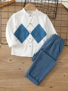 SHEIN 兒童小男孩學院風刺繡標誌立領長袖襯衫/長褲套裝 - 彩色 - 查看 3