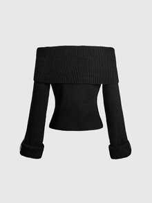 ROMWE Vintage Sexy Leather Buckle Design Petal Sleeve Fitted Off-Shoulder Sweater - Black - View 2