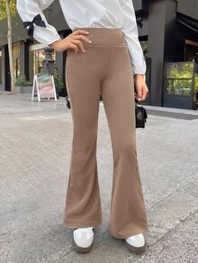 SHEIN 青少年女孩卡其色針織加厚喇叭腿緊身褲長褲 休閒百搭日常時尚街頭風 - 卡其色 - 查看 4
