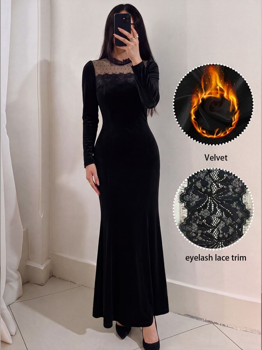 Modelyn French Style Round Neck Lace Patchwork Velvet Mermaid Dress For Women