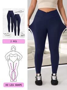 Solflare Navy Blue Plus Size Women's Autumn/Winter Black 2 Pieces Leggings Set - Navy Blue - View 1