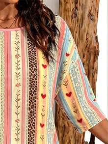 Breezaya Plus Size Women Bohemian Style Pink & Brown Floral Pattern Three-Quarter Sleeve Drop Shoulder T-Shirt - Multicolor - View 3