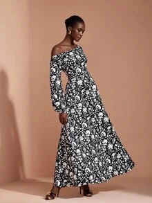 JIAN LASALA Gaun Panjang Rajut Model Off Shoulder Lengan Panjang Berkerut Elegan untuk Liburan - MultiWarna - View 3